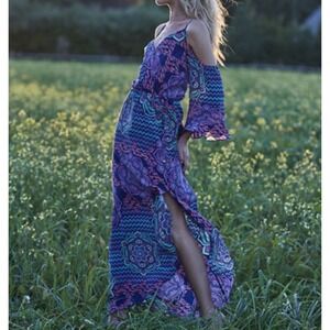 Alice & Trixie sz L Womens 100% Silk Multicolor Floral Chevron Maxi Dress Boho